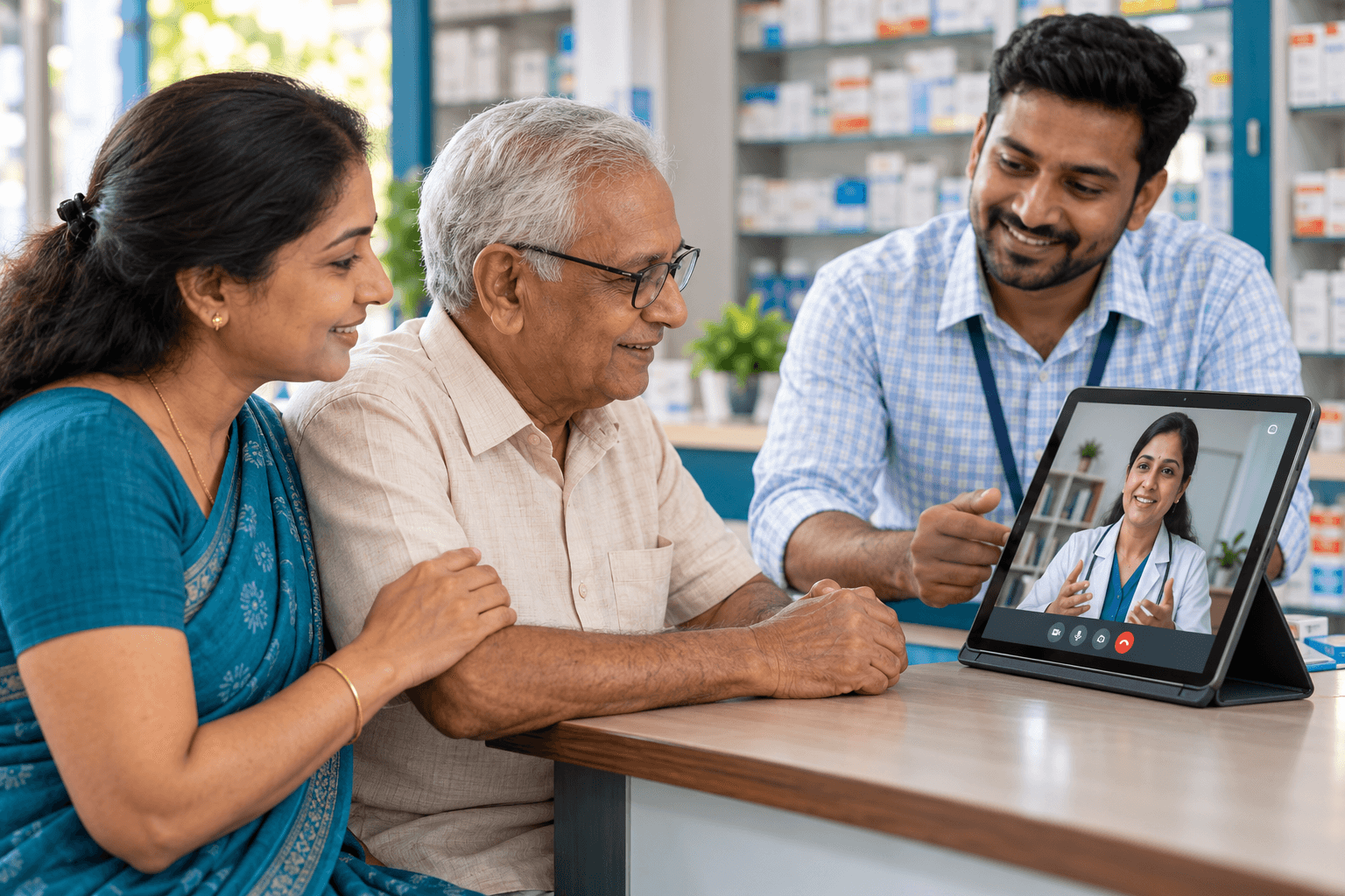 Illustrative scene of a family speaking to a doctor on a tablet with assistance at a local pharmacy